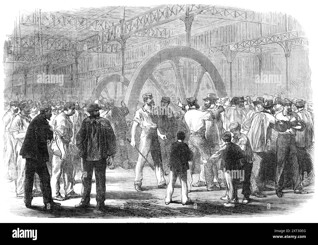 The Strike at the Creuzot [sic] Ironworks: Workmen Resisting the strike, 1870. "Lo sciopero tra gli operai, in numero di dieci o undici migliaia, impiegati nella grande fonderia di ferro e fabbrica di macchine dei signori Schneider and Company, a Creuzot (cioè le Creusot), in Borgogna, si è felicemente conclusa a metà della settimana scorsa...è stato detto che l'occasione della controversia che ha portato allo sciopero la settimana precedente non era una questione relativa al tasso di retribuzione, né alle ore o ai metodi di lavoro, ma uno riguardante la gestione della cassa di risparmio... la controversia ha provocato ang Foto Stock