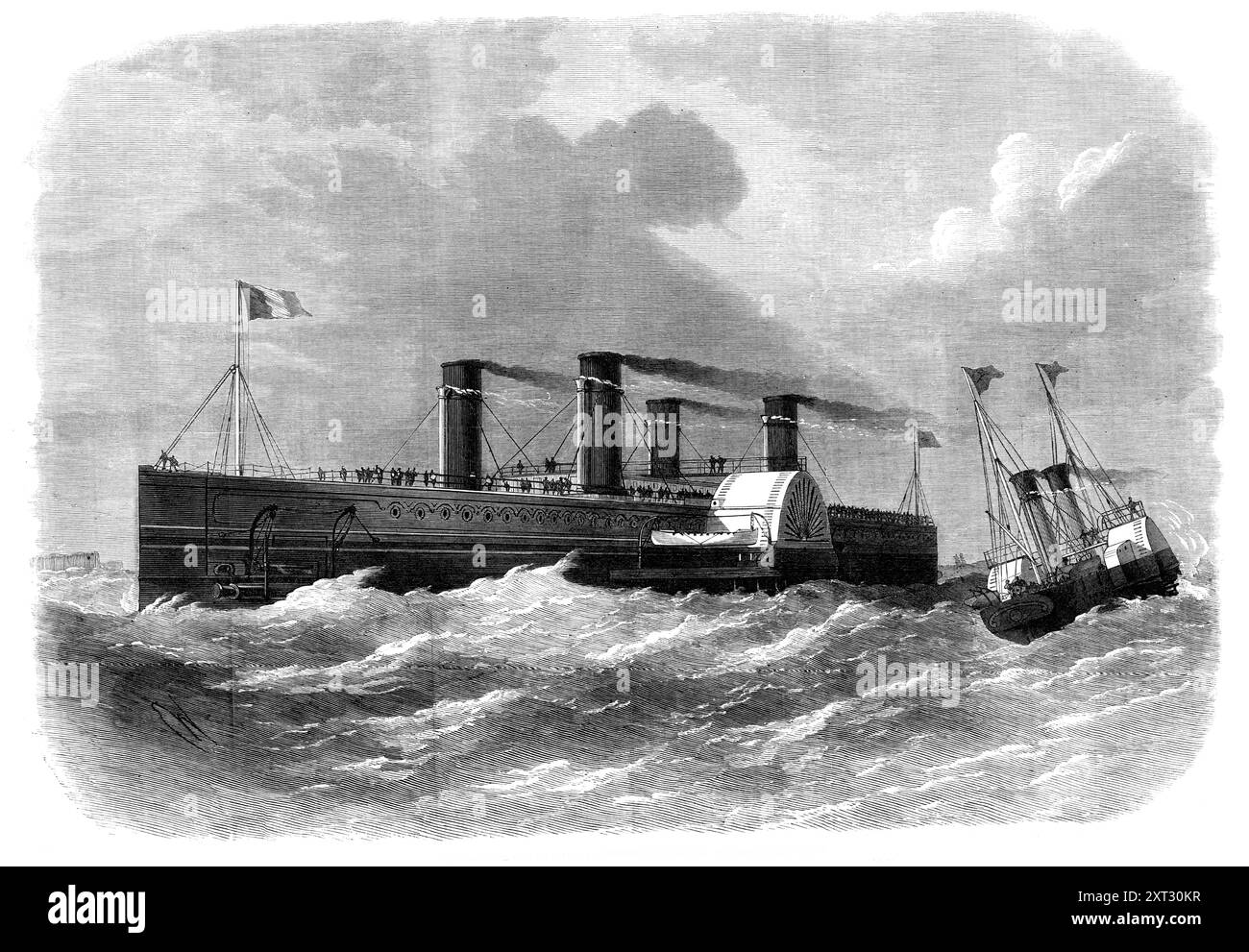 Traghetto per la ferrovia della Manica: Proposto battello a vapore per trasportare i treni, 1870. "Mr. John Fowler, C.E., [ha ideato un piano] per il trasporto più rapido di posta e passeggeri attraverso il Canale tra Inghilterra e Francia... l'illustrazione... [mostra] il design di queste barche, che devono essere di 450 piedi. lunghezza, 57 piedi ampiezza del fascio e 85 piedi largo sopra le piastre. Il fusto e la poppa della nave sarebbero stati resi in grado di essere aperti, di ammettere l'ingresso del treno di carrozze ferroviarie, assistiti da un paranco idraulico...i saloon da pranzo, le cabine per le signore e le sale fumatori; t Foto Stock