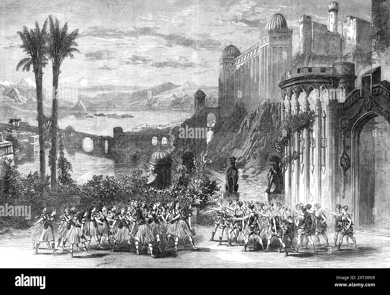 Scena in "The Yellow Dwarf", al Covent Garden Theatre, 1870. Produzione teatrale a Londra. "Abbiamo già dato una parte dell'azione che accompagna la grande scena, di W. Telbin, di "The Steel Castle", nella pantomima del signor Byron al Covent Garden; ma la scena stessa è di una grandezza così eccezionale che, per un'illustrazione più elaborata dei meriti del signor Telbin nel suo dipartimento pittorico, la portiamo ancora in una nota distinta. La sua bellezza ripagherà l'esame come un'opera d'arte; e il lettore che non ha visto la pantomima potrebbe immaginare la sua brillantezza Foto Stock