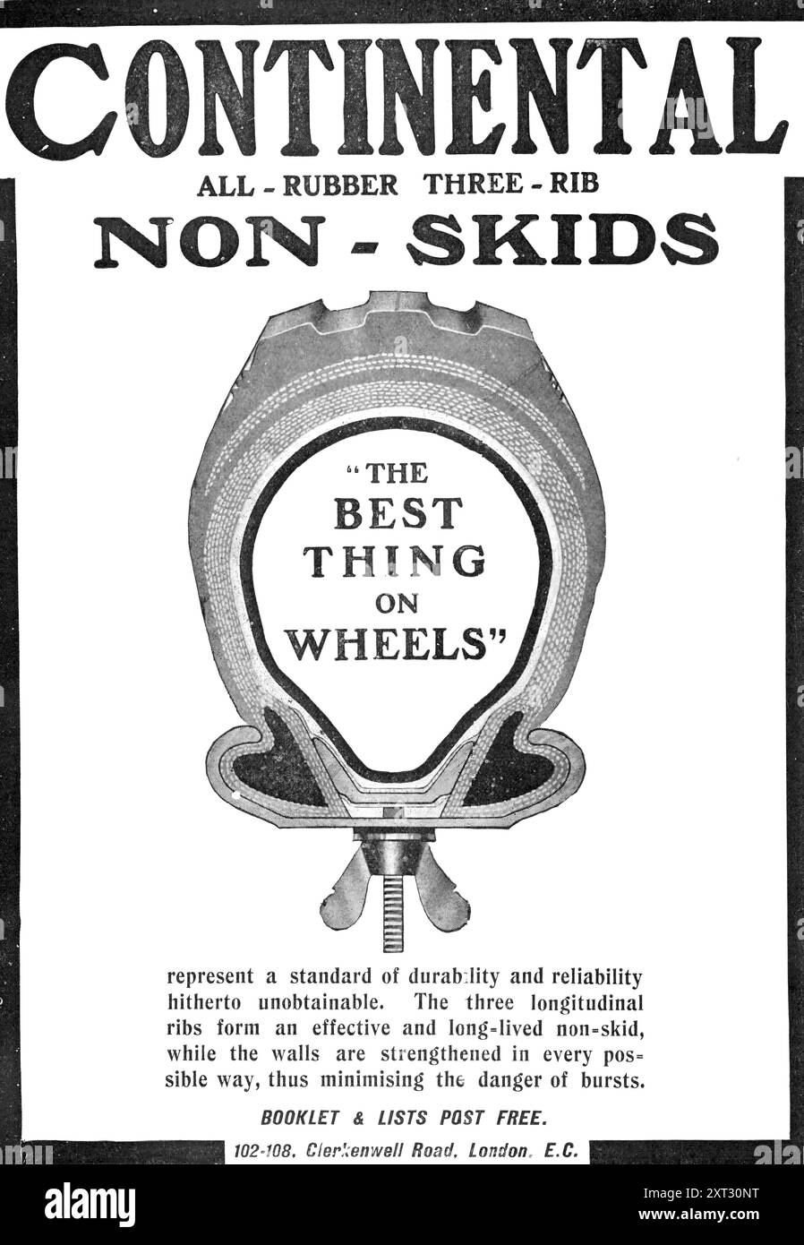 Continental completamente gommato a tre costole non-skids: "The Best Thing on Wheels", 1909. Pubblicità sugli pneumatici. "Continental completamente gommato, antiscivolo a tre nervature, rappresenta uno standard di durata e affidabilità finora irraggiungibile. Le tre nervature longitudinali formano un antiscivolo efficace e di lunga durata, mentre le pareti sono rinforzate in ogni modo possibile, riducendo così al minimo il pericolo di scoppio. OPUSCOLO &AMP; ELENCA POST-FREE". Da "Illustrated London News", 1909. Foto Stock