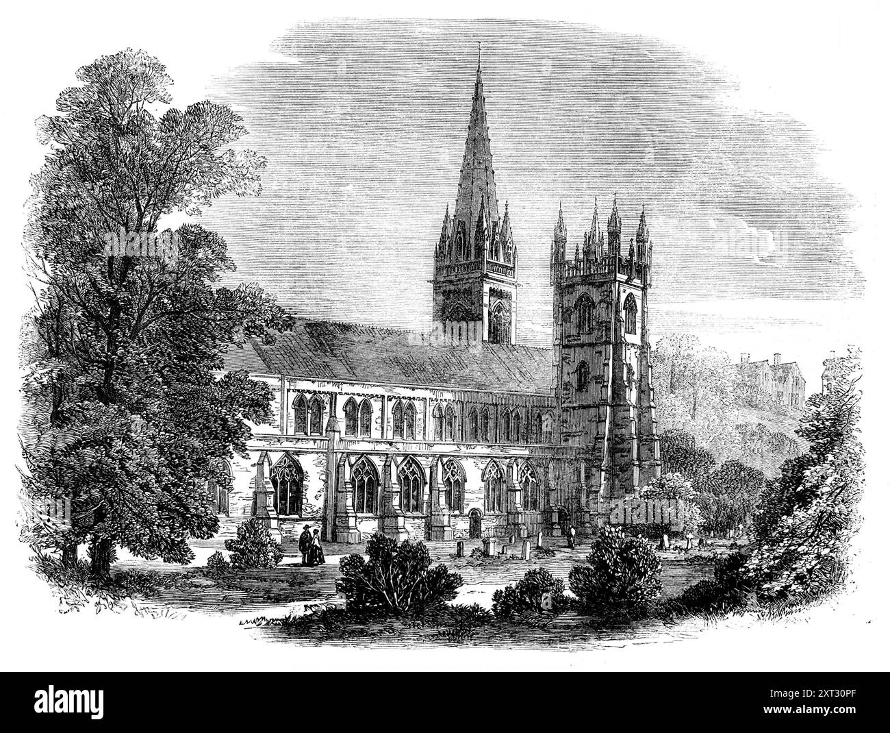 Royal Archaeological Institute: Cattedrale di Llandaff, 1871. Il villaggio o l'antica città di Llandaff si trova a circa due miglia a nord-ovest di Cardiff. La cattedrale, fino a poco tempo fa, era molto sfigurata da un pericoloso tentativo di ripararla fatto circa 120 anni fa. Ora è stata trasformata da una rovina lutto in un bellissimo santuario. La struttura presenta molte curiose caratteristiche architettoniche e il restauro è stato effettuato con una devozione amorevole e paziente degna di lode più alte. Il fronte occidentale è particolarmente elegante, anche se ora manca del fascino che la mano modellatrice di ti Foto Stock