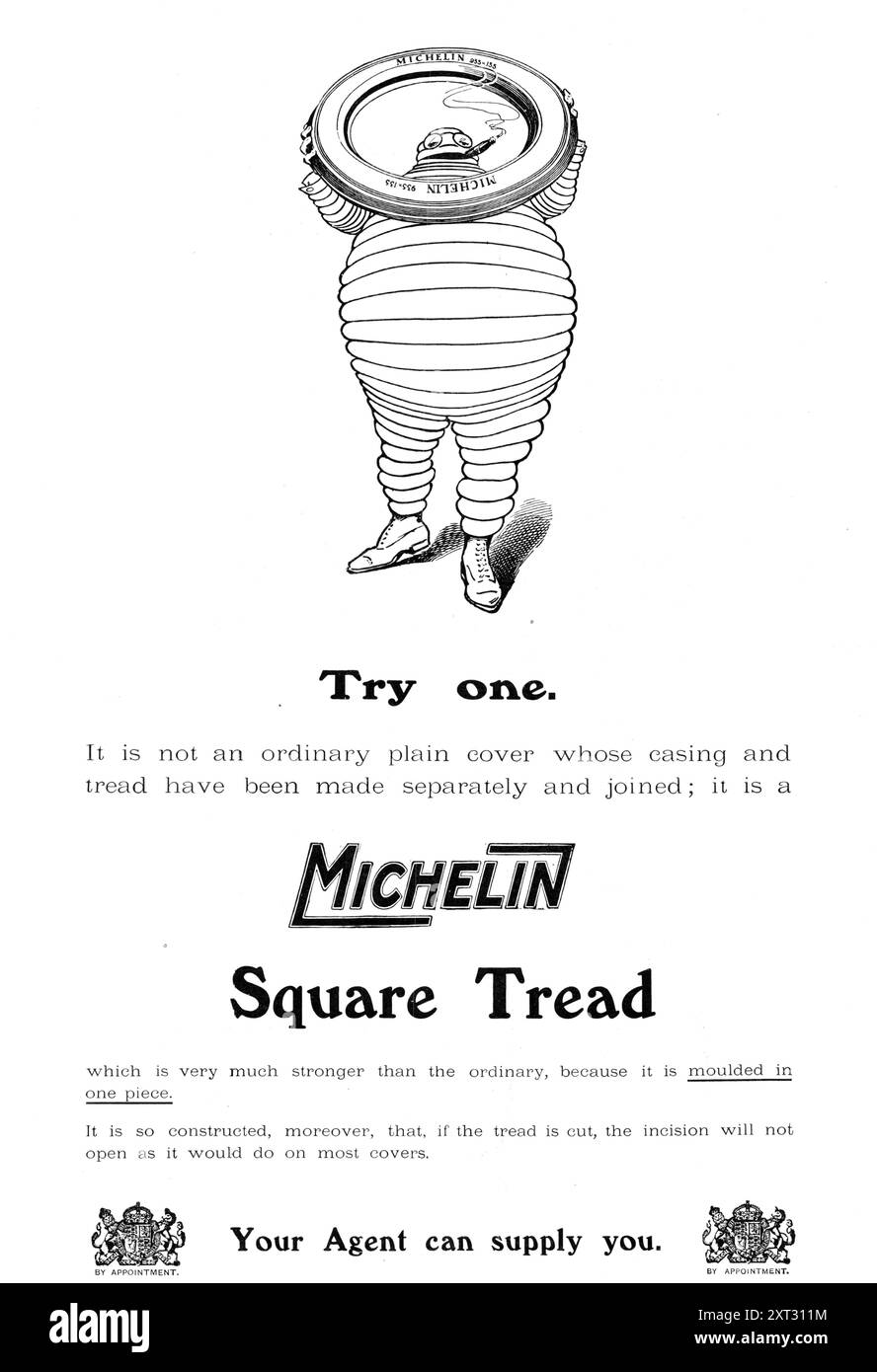 Michelin Square Tread, 1909. "Provatene uno. Non si tratta di una normale copertura semplice il cui rivestimento e battistrada sono stati fatti separatamente e Uniti; è un battistrada quadrato Michelin molto più forte del normale, perché è stampato in un unico pezzo. Inoltre, è così costruito che, se il battistrada viene tagliato, l'incisione non si aprirà come farebbe sulla maggior parte delle coperture. Il vostro agente può fornirvi". Da "Illustrated London News", 1909. Foto Stock