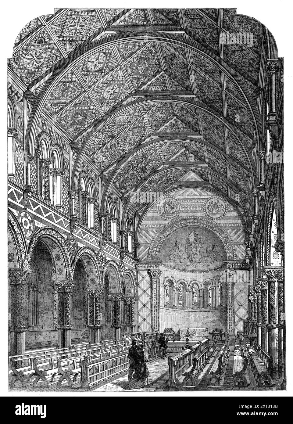 The Chapel of King's College, Strand, 1869. L'interno della King's College Chapel, Londra, è una delle opere più originali del signor Gilbert Scott. Dal fatto che la cappella si trova al primo piano degli edifici universitari e non ha nulla di distintivo nel suo aspetto esterno, il suo aspetto colpisce il visitatore con ammirazione nel senso di sorpresa non meno che in quello di approvazione. Il suo ornamento è il risultato della graduale spesa dei contributi degli amici del collegio. Questo fu iniziato, nel 1861, con il lancio di un canale absidale e l'inserimento di nuove finestre. Nell'agosto 186 Foto Stock