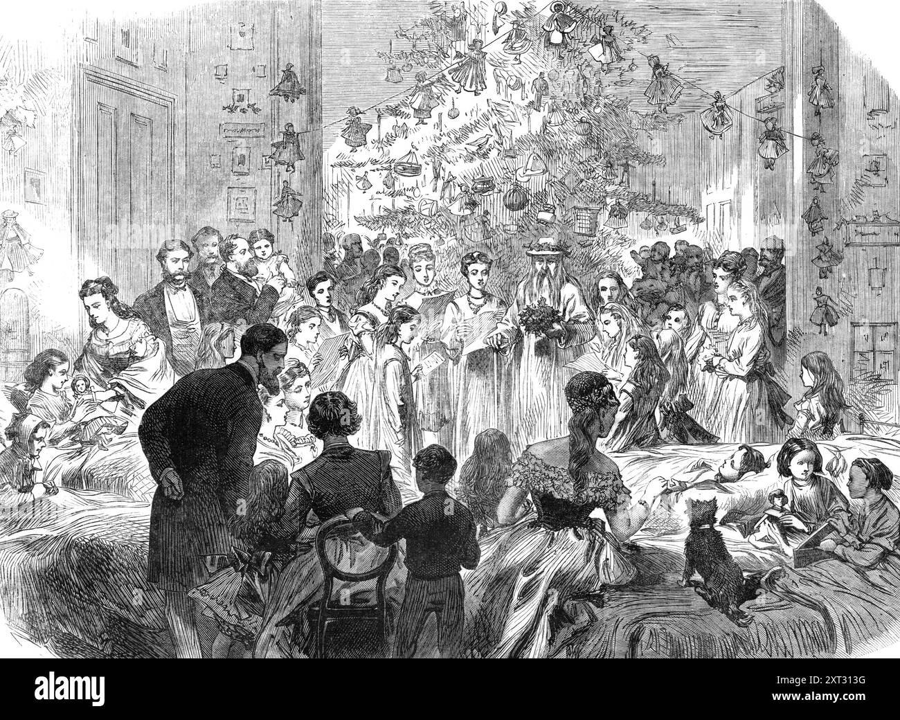 Festival presso l'East London Hospital for Children la vigilia di Capodanno, 1870. "L'albero di Natale era alla fine di uno dei quartieri più grandi, e intorno ad esso erano riuniti quei pazienti abbastanza bene da alzarsi, e quasi 200 altri bambini che erano stati precedentemente sollevati presso l'istituto. Era, infatti, uno spettacolo per rallegrare i cuori di coloro che stavano così provvedendo a questi poveri poche ore di puro piacere. Di fronte a questo grande gruppo c'erano letti su ogni lato, i cui piccoli occupanti, anche se incapaci di alzarsi, erano circondati da giocattoli e altri divertimenti. Oltre all'albero di Natale, c'era un Foto Stock