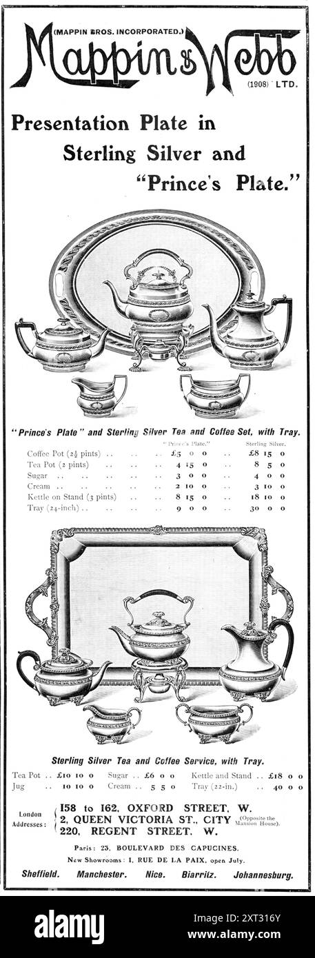 Mappin &amp; Webb; piastra di presentazione in argento sterling e "Prince's Plate", 1909. "Piatto del principe" e set da tè e caffè in argento sterling, con vassoio. Caffettiera (2½ pinte); teiera (2 pinte); zucchero; panna; bollitore su supporto (3 pinte); vassoio (24 pollici). Indirizzi di Londra: 158 to 162, OXFORD STREET, W.; 2, QUEEN VICTORIA ST., CITY (di fronte alla Mansion House); 220, REGENT STREET, W. Paris: 23, BOULEVARD DES CAPUCINES. Nuovi showroom: 1, RUE DE LA PAIX, aperto a luglio. Sheffield. Manchester. Bello. Biarritz. Johannesburg. Da "Illustrated London News", 1909. Foto Stock