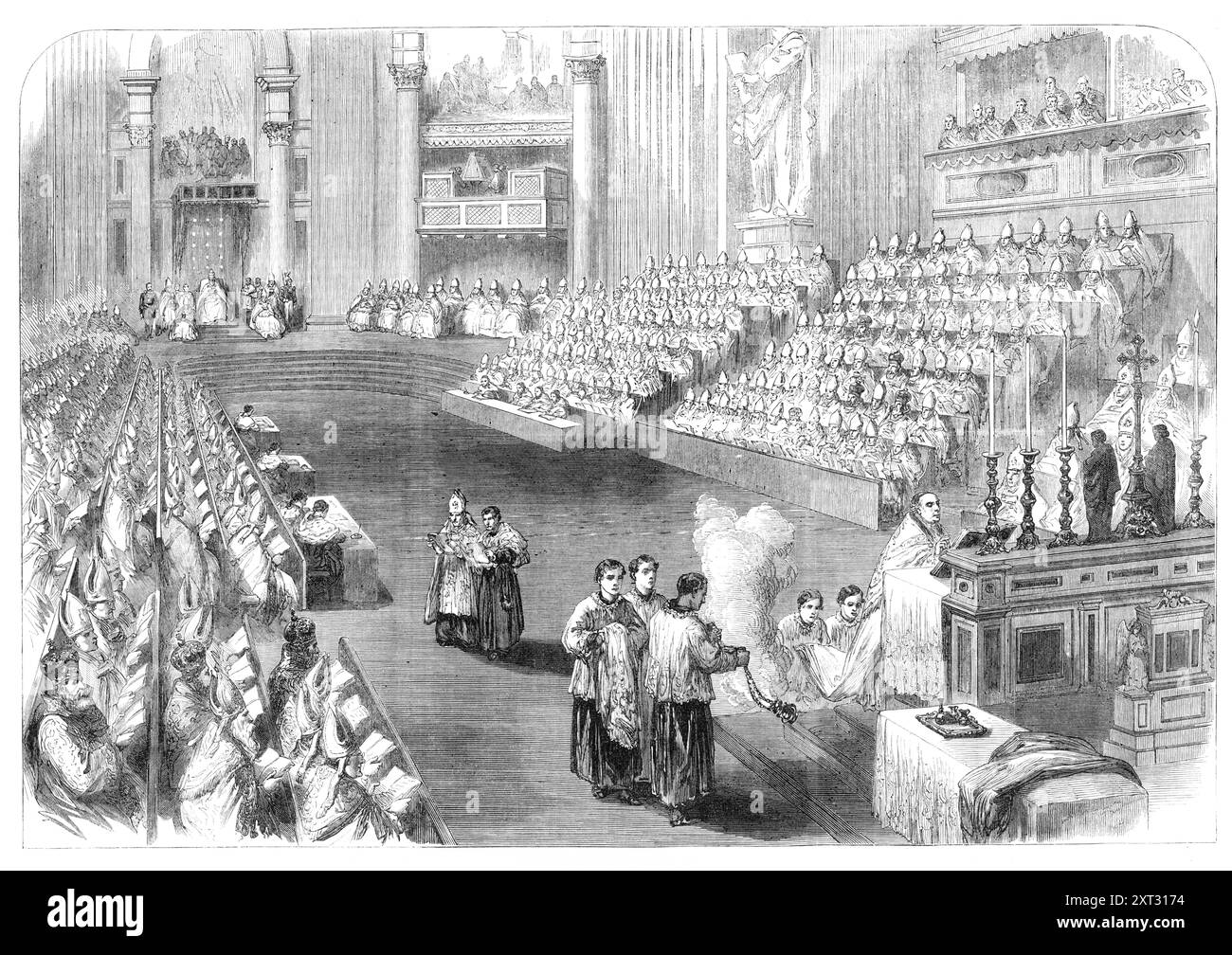 Il Concilio Ecclesiastico di Roma, 1870. "L'illustrazione è tratta da uno schizzo del nostro artista speciale a Roma, e rappresenta una seduta del Concilio ecumenico nella loro sala consiliare, che si trova nel transetto nord di San Pietro... la nostra incisione mostra la disposizione dei dignitari ecclesiastici durante la sessione. Sua Santità, Pio IX, seduto su un trono all'estremità nord, presiede l'assemblea, con il Cardinale Antonelli in piedi alla sua sinistra, mentre i Vescovi assistenti sono raggruppati sui gradini. A destra e a sinistra del Papa sul dais ci sono file di Cardinali e Patriarchi, sopra Foto Stock