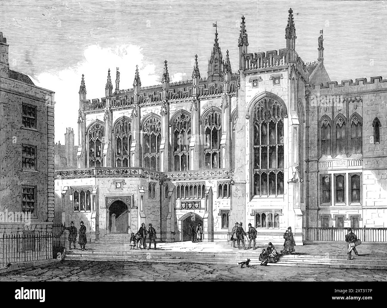 The New Hall of the Inner Temple, [Londra], 1870. La nuova sala è finita. Si trova sul sito della vecchia sala... e' di stile gotico perpendicolare, fronteggiato esternamente con pietra di Portland. Gli appaltatori erano il sig. Trollope, sotto la soprintendenza del sig. Sydney Smirke, R. A. due delle porte scolpite (quercia) della vecchia sala sono state riappese sul nuovo edificio; una porta la sua data (1575); l'altro sembra essere della stessa età... le finestre sono smaltate ornamentalmente con luci al piombo e vetro semplice, ma è l'intenzione dei Bencher, alla fine, di smaltare l'intero Foto Stock