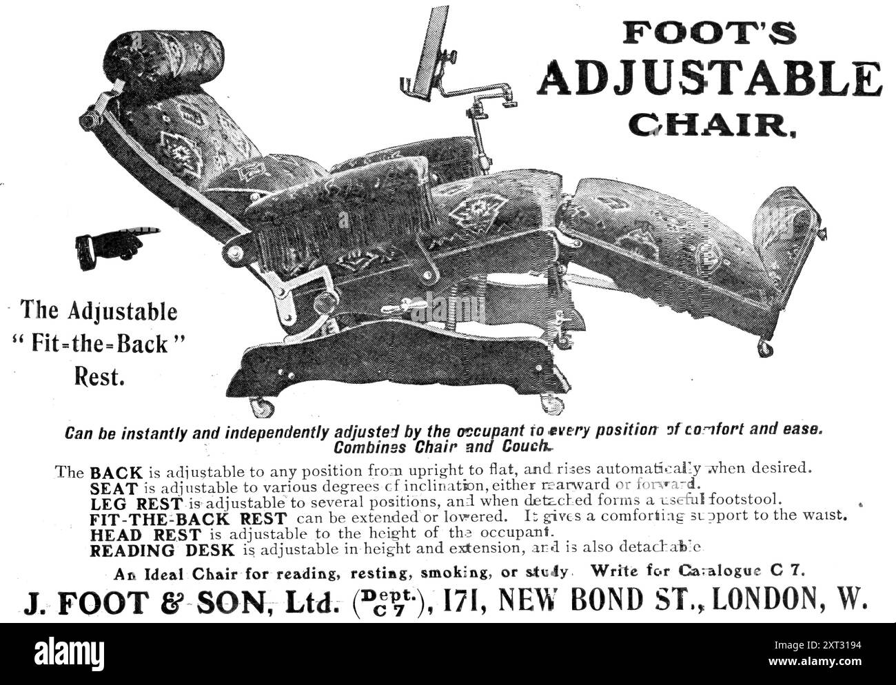 Sedia regolabile Foot's Adjustable, 1909. "Il supporto regolabile "Fit-the-Back". Può essere regolata istantaneamente e in modo indipendente dall'occupante in ogni posizione di comfort e facilità. Combina sedia e divano. La SCHIENA è regolabile in qualsiasi posizione, da verticale a orizzontale, e si solleva automaticamente quando lo si desidera. IL SEDILE può essere regolato in vari gradi di inclinazione, all'indietro o in avanti. IL POGGIAPIEDI può essere regolato in diverse posizioni e, se staccato, forma un utile sgabello. FIT-THE-SCHIENALE può essere esteso o abbassato. Offre un sostegno confortevole alla vita. IL POGGIATESTA è regolabile in altezza Foto Stock