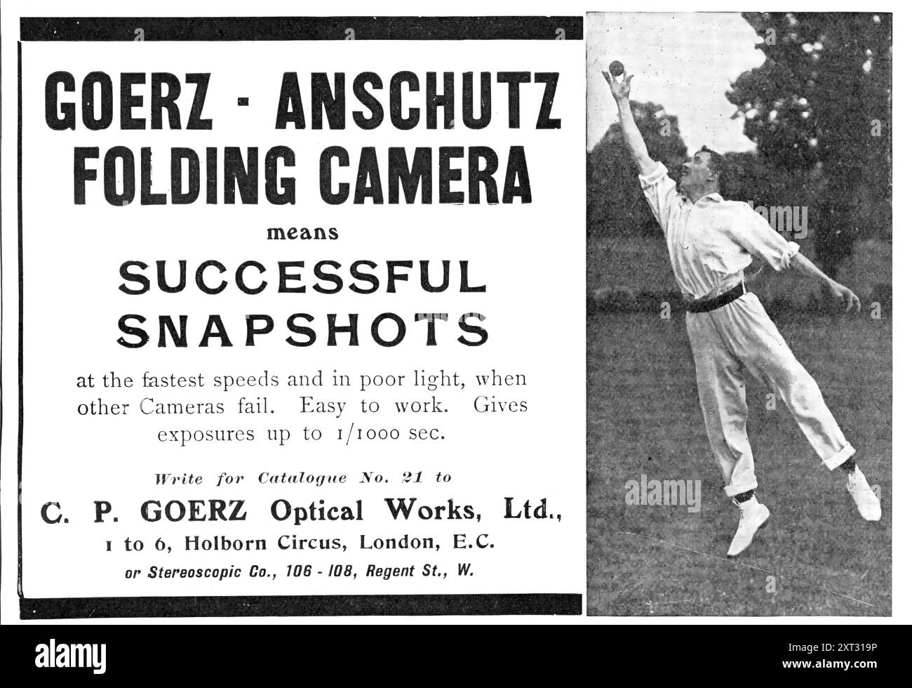 Goerz-Anschutz Folding camera Means Successful Snapshots, 1909. "...alle velocità più elevate e in condizioni di scarsa illuminazione, quando le altre videocamere non funzionano. Facile da lavorare. Fornisce esposizioni fino a 1/1000 sec. Scrivere per il catalogo n. 21 a C. P. GOERZ Optical Works, Ltd., 1to 6, Holborn Circus, Londra, E.C. o Stereoscopic Co., 106-108 Regent St., W.' da "Illustrated London News", 1909. Foto Stock