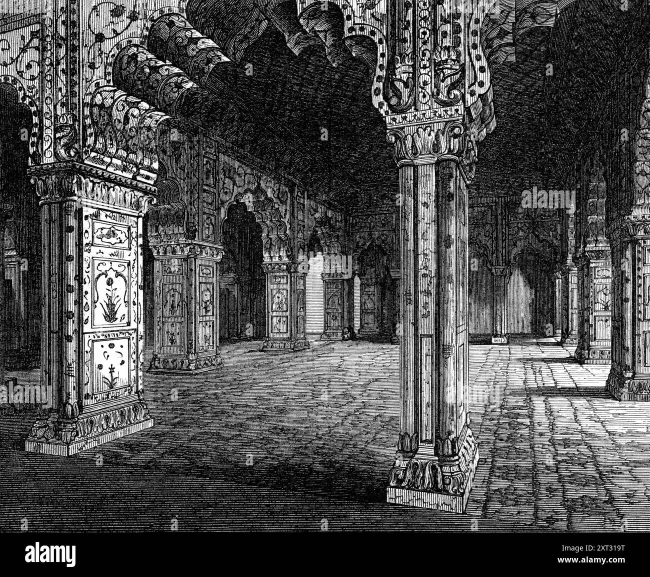 Antica architettura indiana: Interno di Dewannee Khas a Delhi, (Mohammedan, XVII secolo), 1870. Incisione di una fotografia del signor Bourne. "Le pareti, le colonne e il pavimento di questa sala sono riccamente intarsiati con pietre preziose su marmo, e il soffitto è intagliato con un disegno a pannolino". Da "Illustrated London News, 1870. Foto Stock