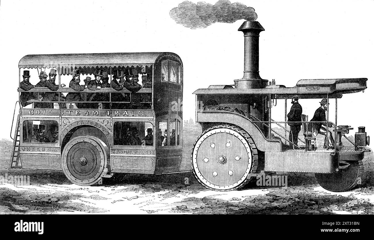 Vaporetto e omnibus per il governo indiano, 1871. Motore "Chenab" che tira un omnibus etichettato "Govt. Treno a vapore - nuovo preferito - Jhelum &amp; Rawulpindie". Da "Illustrated London News", 1871. Foto Stock