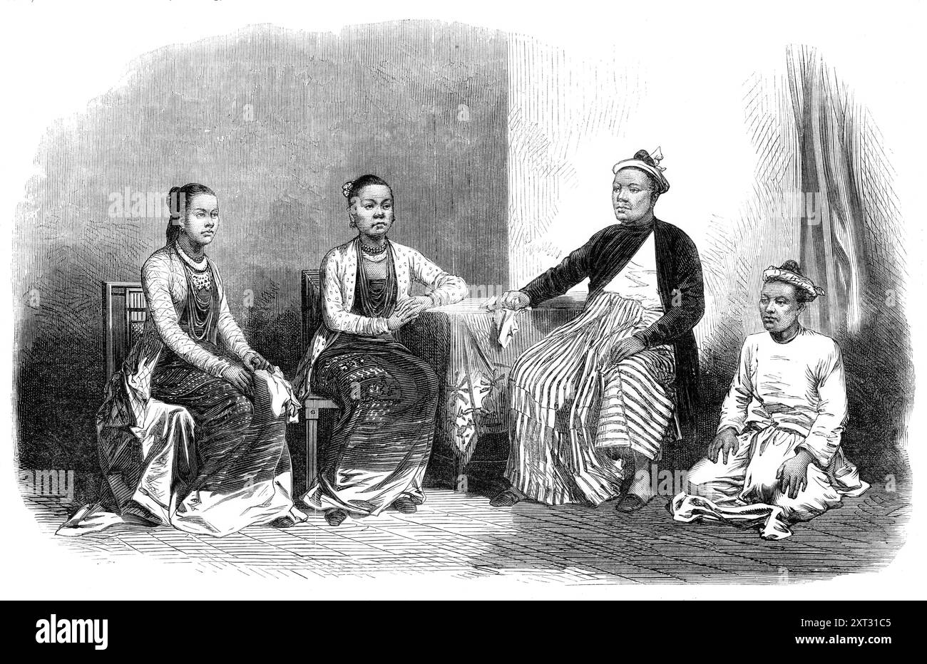 Signore e signori birmani, con un assistente, 1870. Gente birmana '...vestita nel solito costume di persone di buon rango sociale. L'articolo principale dell'abito femminile è la tamina, una sottile striscia di seta, o cotone, che circonda la vita e pende come una gonna aderente...le donne non sposate hanno un corpetto stretto, adornato da molti bottoni. Sopra la tamina c'è una giacca... con maniche lunghe e strette, raggruppate in pieghe ai polsi... si adornano con catene d'oro, collane e anelli... vivono liberi dal vincolo convenzionale come le donne di qualsiasi nazione europea... le birmane Foto Stock