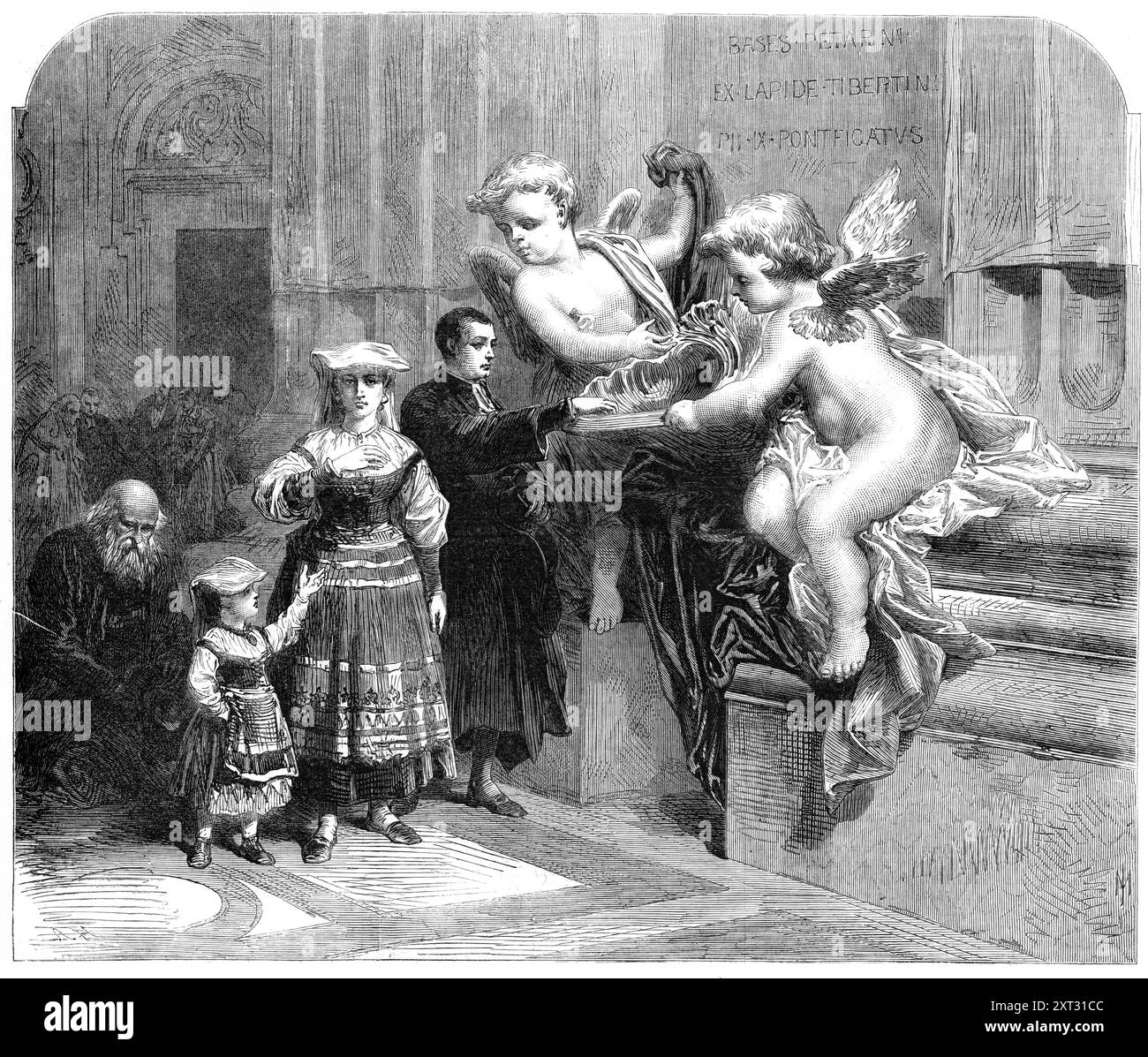 Fonte d'acqua Santa all'ingresso di San Pietro, Roma, 1870. Entrando nella navata di San Pietro, le prime cose che colpiscono l'attenzione del visitatore sono le due fonti di acqua Santa. I cherubini, di marmo bianco, con cui questi caratteri sono custoditi, sono ciascuno delle dimensioni di un uomo adulto; ma la grande dimensione dell'architettura circostante li fa sembrare piccoli. Sono bellissime opere di scultura. I tendaggi intorno a loro sono in parte di marmo bianco e in parte di marmo nero. La gigantesca conchiglia che contiene l'acqua è di un ricco marmo giallo intenso o arancione. I cherubini, tenendo questo guscio, Foto Stock