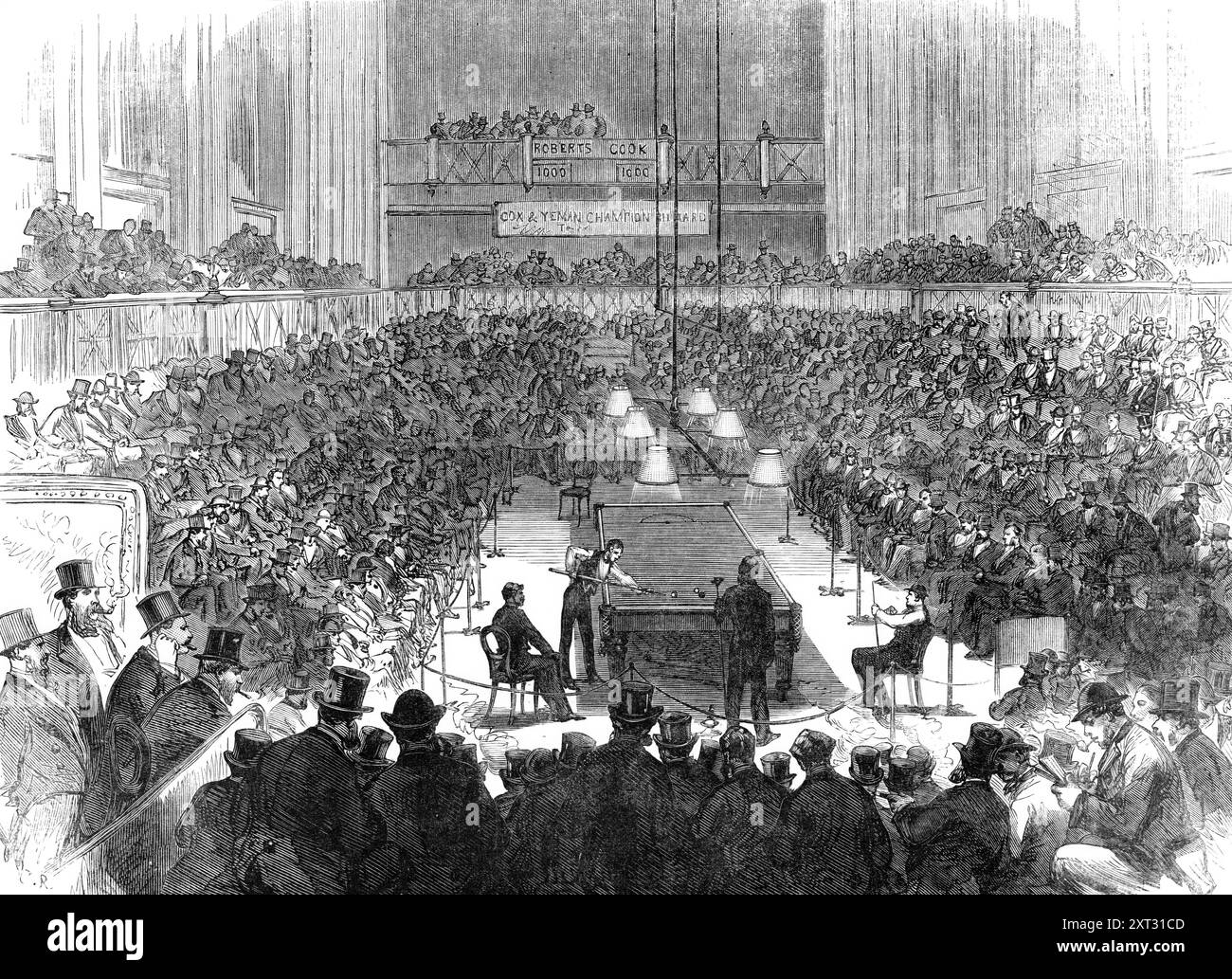 Partita di biliardo per il campionato, a St. James's Hall, 1870. "L'importante partita di biliardo giocata venerdì settimana, alla St. James's Hall, Piccadilly, tra il signor John Roberts, che è stato stimato il campione di questa partita negli ultimi vent'anni, e il giovane signor William Cook, ha attirato quasi 1500 spettatori nel corso della serata... Mr. J. Bennett, della St. James's Hall, era arbitro. Il tavolo fu collocato nella sala, e i posti a sedere furono forniti per quasi 1000 persone. Poco prima che il tempo fissato per giocare la sala diventasse affollato, e non è mai stato visto un tale numero di persone in un Foto Stock