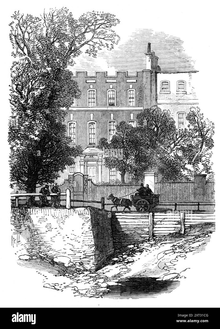 La casa del defunto Daniel Maclise, R.A., a Cheyne-Walk, Chelsea, 1870. Il signor Maclise prese la sua residenza a Chelsea [a Londra] per essere a breve distanza dal Palazzo di Westminster via fiume o strada. Come ci si poteva aspettare, scelse una casa a "Cheyne-Walk" (così chiamata in onore del secondo visconte Newhaven, creato Lord Cheyne da Guglielmo III), il luogo più pittoresco di Londra, con la sua fila di vecchie case nobili dei regni di Guglielmo III e della regina Anna; il suo viale di faggi e olmi, le sue banchine animate da chiatte e barche, la sua vista sul fiume e Battersea Park fino alla Surre Foto Stock