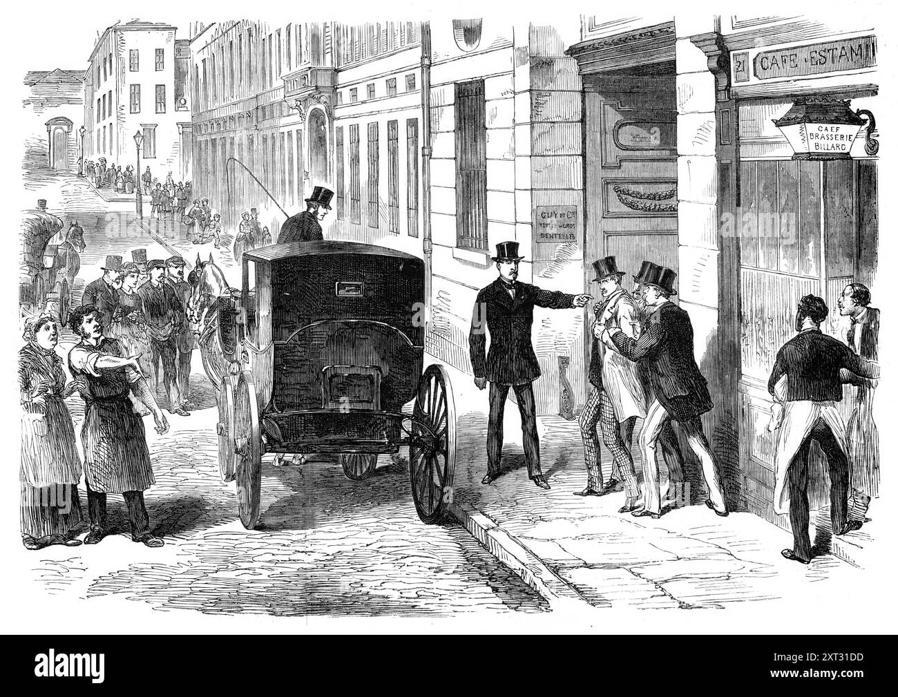 Arresto di Beaury per il complotto di assassinio a Parigi, 1870. "L'arresto del disertore Camille Beaury è stata certamente la cattura più importante con riferimento al complotto per assassinare l'imperatore Napoleone che la polizia francese ha fatto finora... a causa dell'intimità di Beaury con Gustave Flourens e numerosi altri repubblicani, si pensava che fosse coinvolto in un complotto contro il governo stabilito Lagrange, uno dei capi della polizia politica, mentre camminava lungo il Boulevard, vide un gentiluomo, che egli riconobbe come Beaury, salire su un taxi...M.. Lagrange immediatamente jum Foto Stock