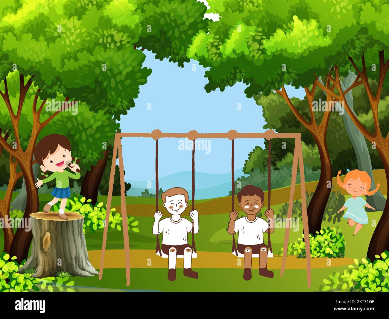 i bambini allegri si godono una giornata estiva divertente in giardino, piena di risate e divertimento Illustrazione Vettoriale