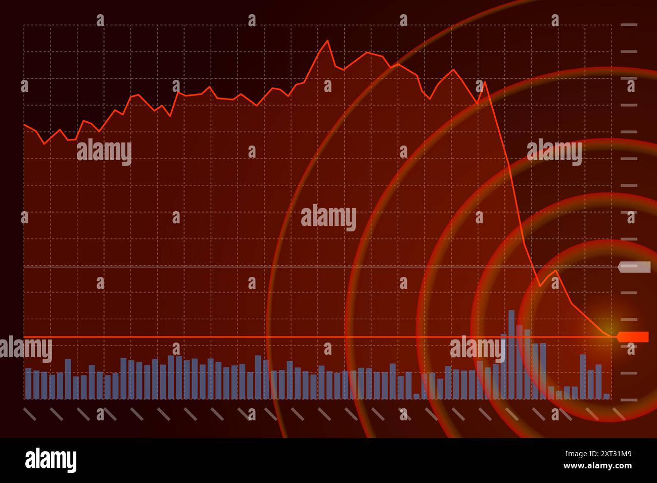 Analisi tecnica del trading del mercato azionario caduta del grafico a barre. Trend discendente del grafico delle borse commerciali. Grafico dell'economia di crisi e delle perdite di investimenti. Concetto di crash dell'indice finanziario dei trader. Denaro che perde il banner eps Illustrazione Vettoriale