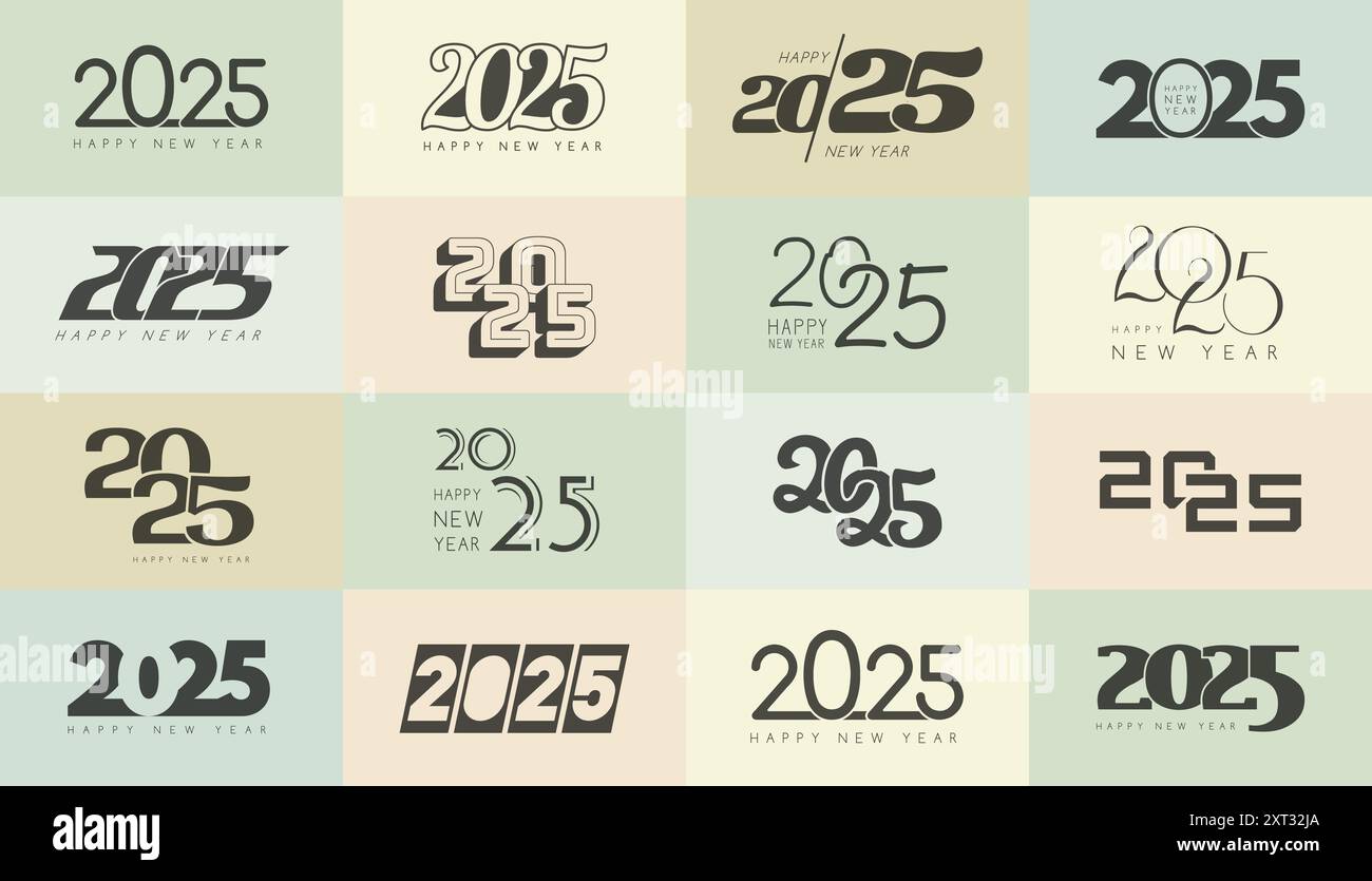 2025 etichette. Logo di testo simboli del nuovo anno numeri disegnati a mano raccolta di simboli astratti vettoriali recenti Illustrazione Vettoriale