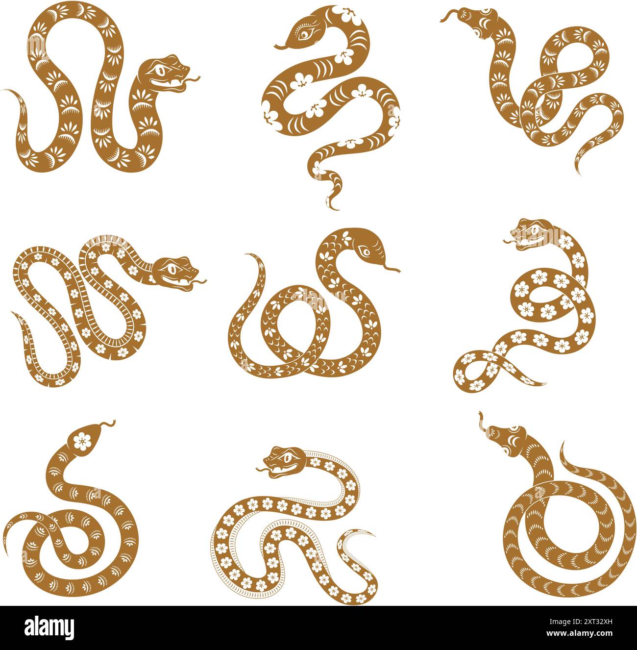 Serpente. Lo zodiaco cinese stilizzato i simboli del nuovo anno lucertola o serpente in diverse posizioni per loghi o badge disegnano un set vettoriale recente Illustrazione Vettoriale