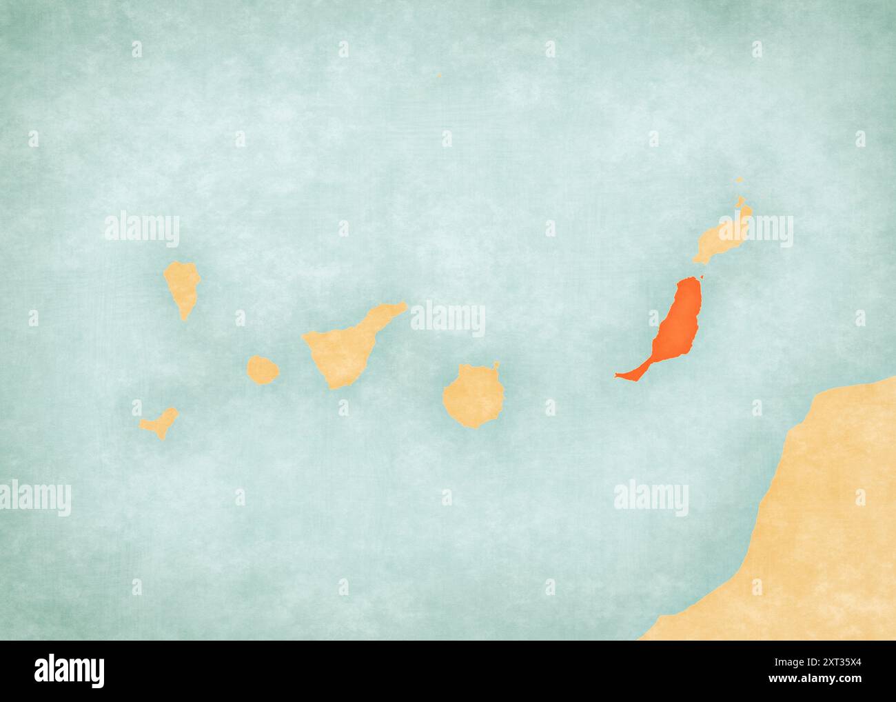 Fuerteventura sulla mappa delle Isole Canarie in morbido grunge e stile vintage, come carta vecchia con pittura ad acquerello. Foto Stock