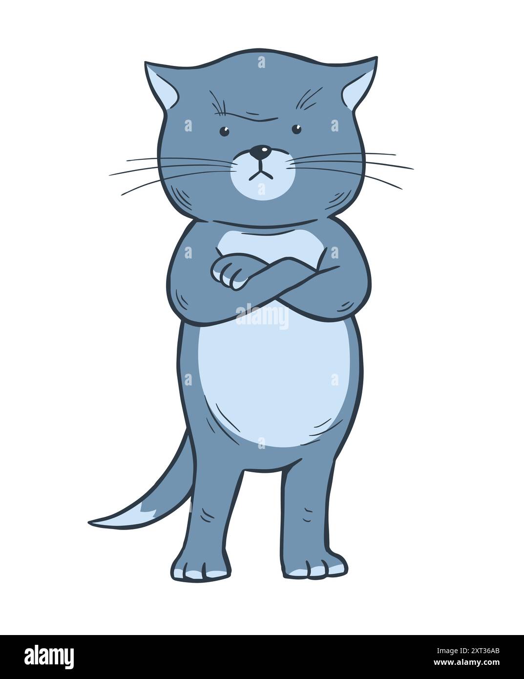 Gatto domestico cupo. Personaggio divertente. Argomenti relativi agli animali domestici. Postura insoddisfatta, risentimento e capriccio di gatto. Illustrazione vettoriale cartoni animati isolata su bianco Illustrazione Vettoriale