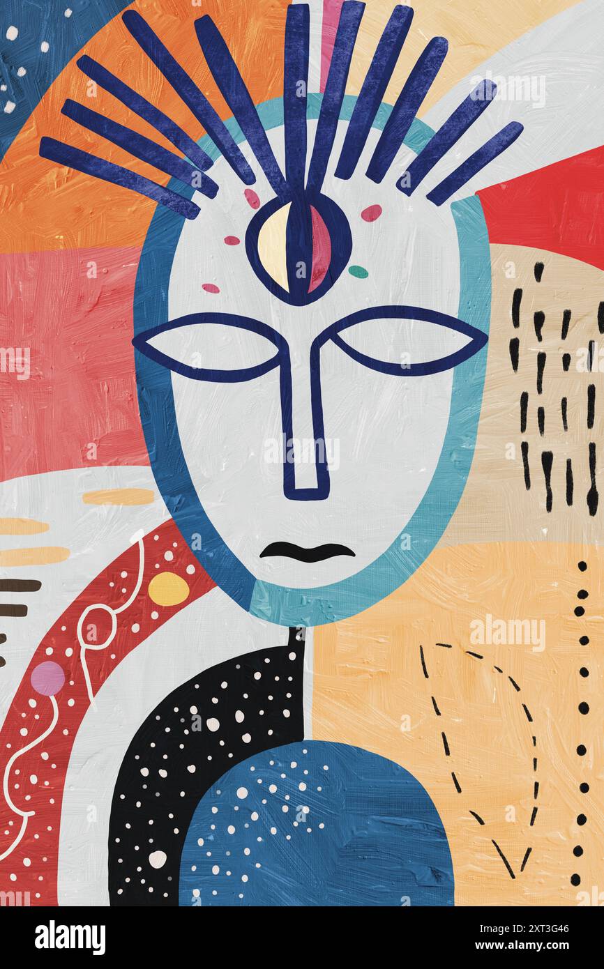 Un'accattivante illustrazione astratta con un volto stilizzato con elementi di colori vivaci e texture diverse che evocano un senso di esprezione artistica Foto Stock