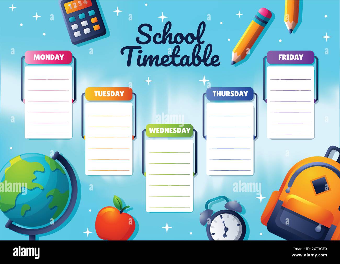 Semplice orario scolastico di cartoni animati, con decorazioni colorate di cancelleria della scuola disegnate a mano Illustrazione Vettoriale