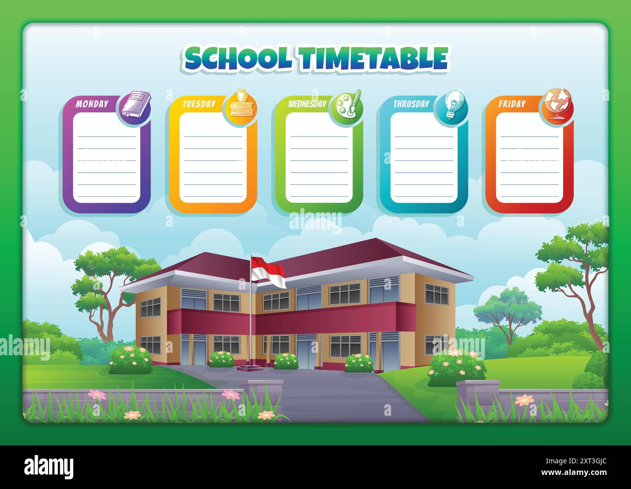 Modello di orario scolastico con edificio scolastico indonesiano e illustrazione di cartoni animati con paesaggi naturali freschi Illustrazione Vettoriale