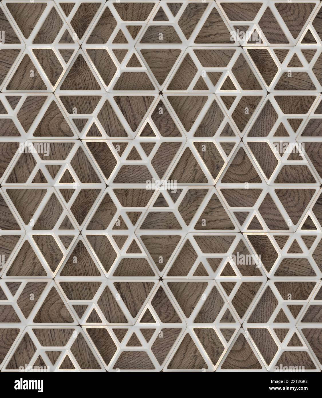 Questa immagine presenta un motivo geometrico dettagliato formato da linee bianche che creano una serie di triangoli su uno sfondo in legno testurizzato. Foto Stock