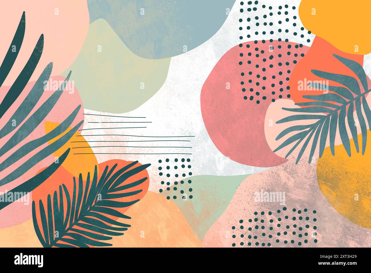 Un'elegante illustrazione astratta con foglie tropicali sovrapposte a morbide forme geometriche pastello e trame punteggiate, ideale per sfondi moderni. Foto Stock