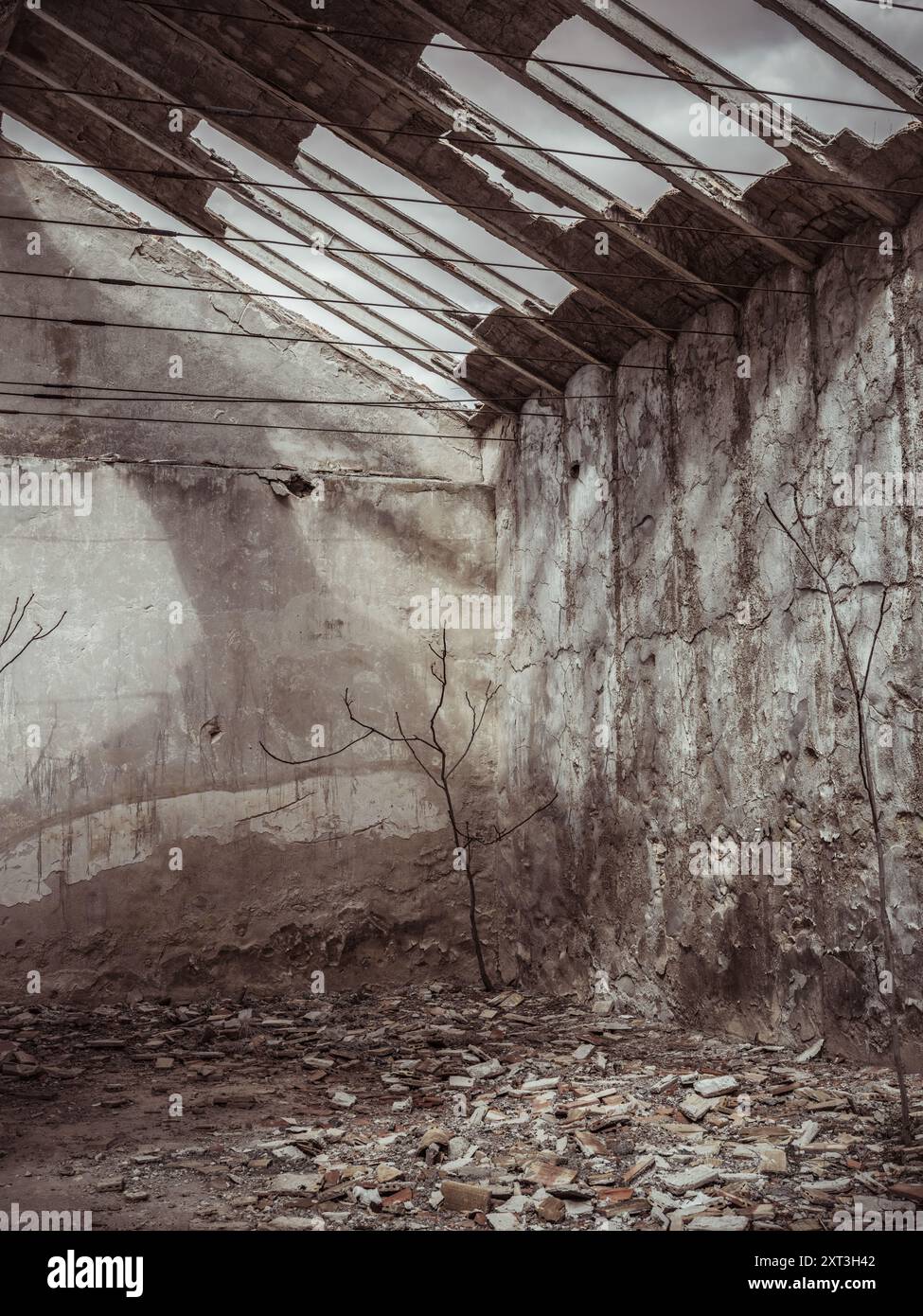 Una vista inquietante all'interno di una struttura abbandonata con un tetto sbriciolato, pareti in decadenza e detriti sparsi sotto un cielo cupo. Foto Stock