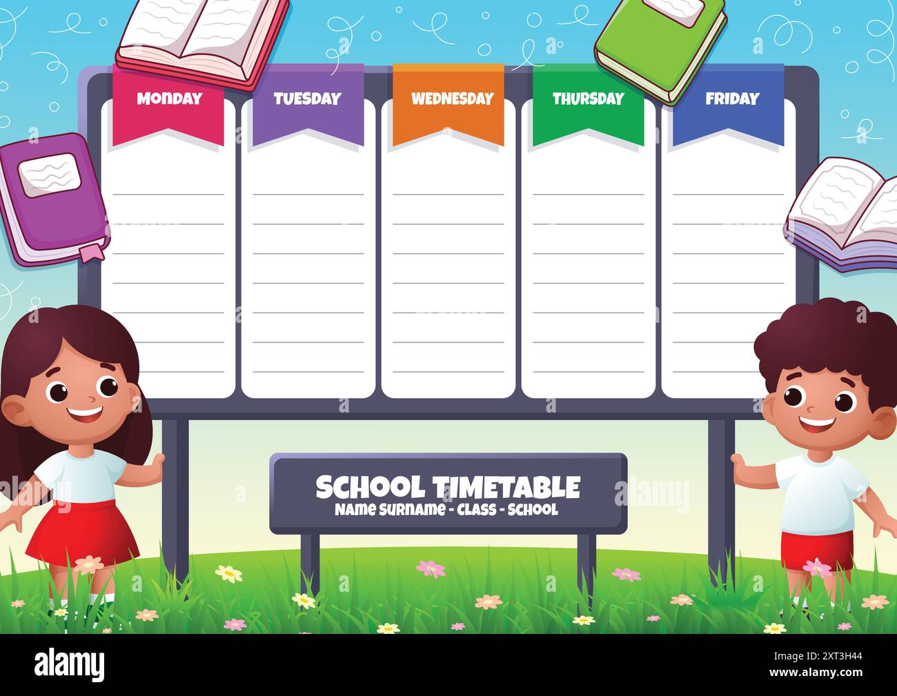 Modello di orario scolastico con due studenti indonesiani con uno splendido paesaggio naturale Illustrazione Vettoriale