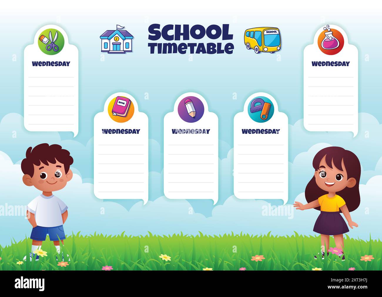 Orari delle scuole di cartoni animati, due bambini con un bellissimo paesaggio naturale Illustrazione Vettoriale