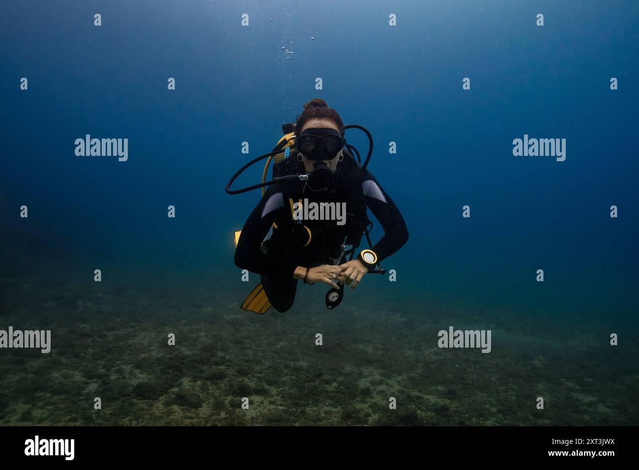 In questa immagine, una femmina subacquea è raffigurata nuotare sott'acqua in un ambiente cristallino dell'oceano. È dotata di attrezzatura subacquea, inclusa una maschera, Foto Stock