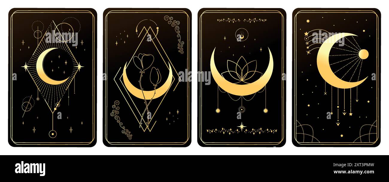 Set di carte Golden Magical Tarot decorate con mezzalune e stelle. Mistero, astrologia, alchimia. Illustrazione vettoriale Illustrazione Vettoriale