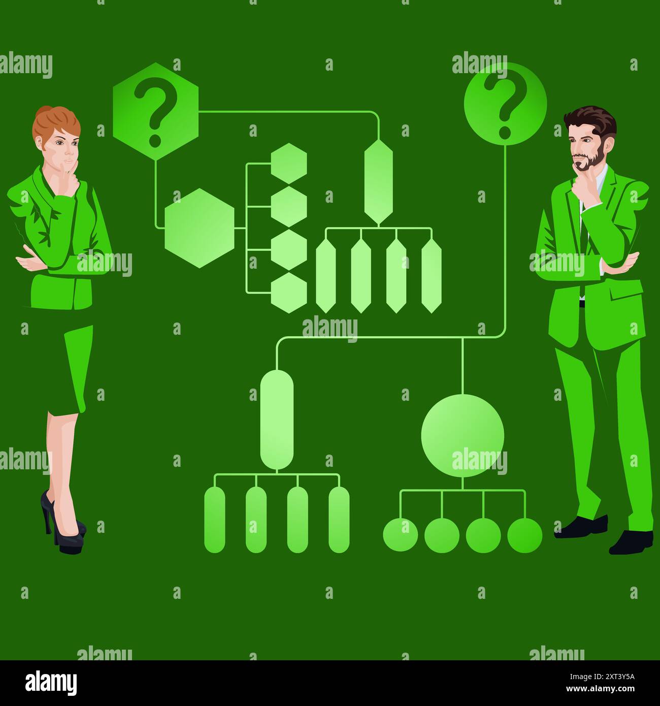 Uomo e donna identificano problemi o opportunità nel processo decisionale. Concetto di business. Illustrazione vettoriale piatta. Illustrazione Vettoriale