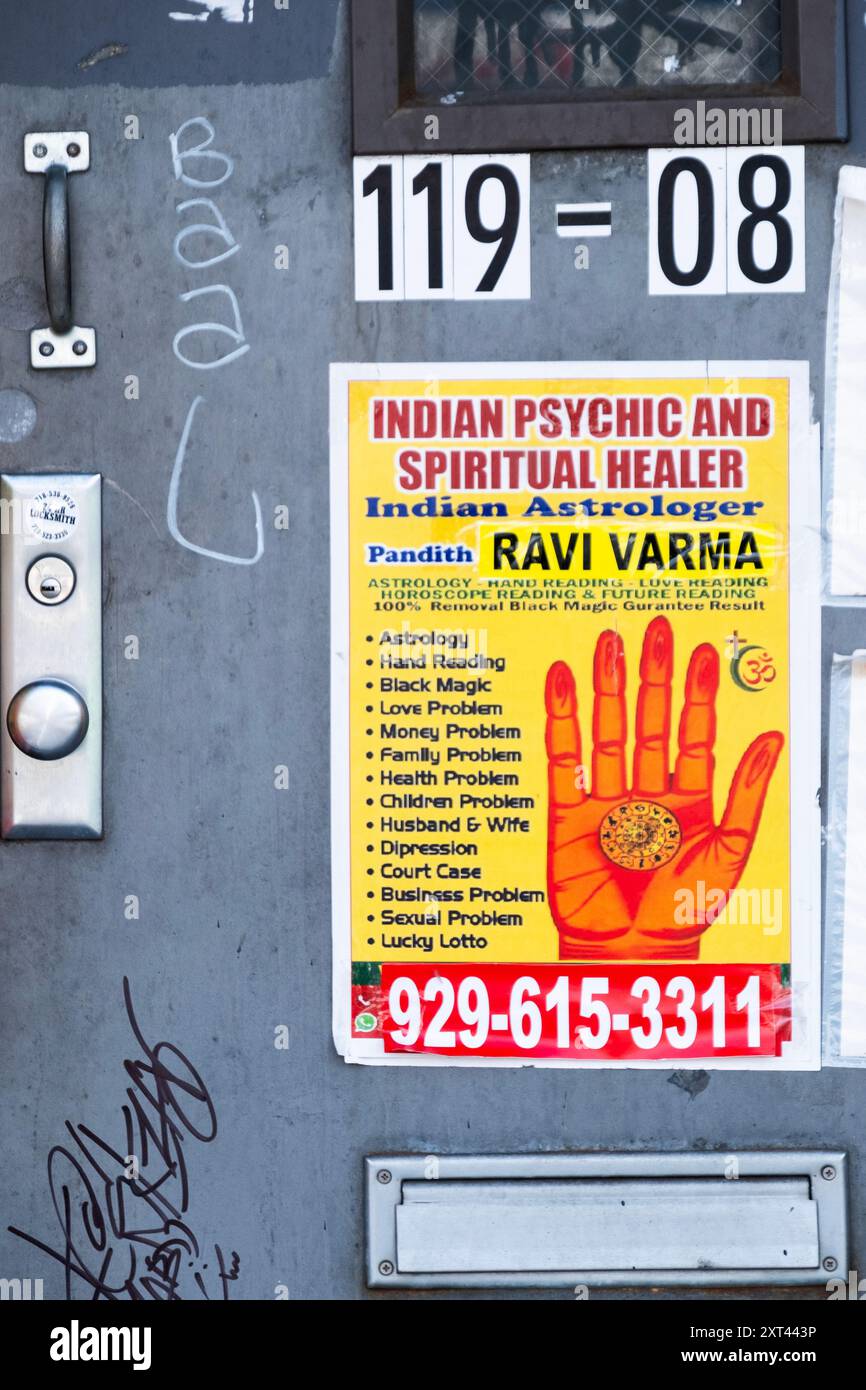 Firma per Pandith Ravi Varma, un sensitivo, astrologo e guaritore spirituale. Garantisce i risultati. Su Liberty Ave a South Richmond Hill, Queens, New York. Foto Stock