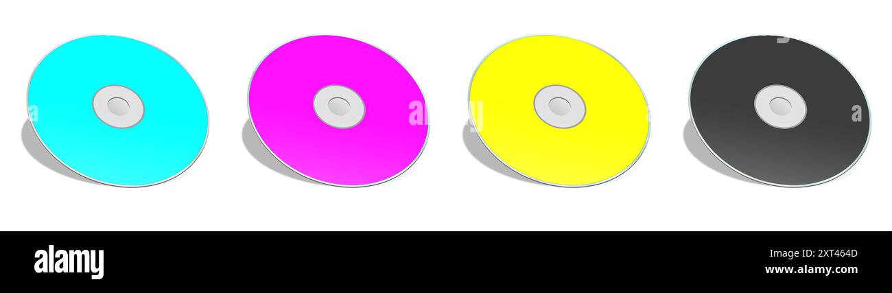 Quattro modelli CMYK per CD o DVD bianchi rosso, verde e blu per layout e design di presentazioni. 3D rendering. Immagine generata digitalmente. Isolato su bianco Foto Stock