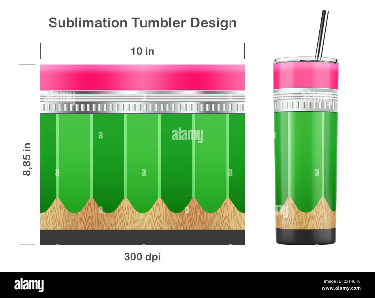 Design a sublimazione della matita per insegnante per bicchiere magro da 20 once. Ritorno al concetto di scuola. Illustrazione della sublimazione. Senza cuciture da bordo a bordo. Foto Stock