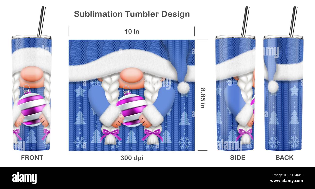Divertente personaggio dei cartoni animati della ragazza dello gnomo natalizio. Dima a sublimazione senza cuciture per bicchiere magro da 20 once. Illustrazione della sublimazione. Foto Stock