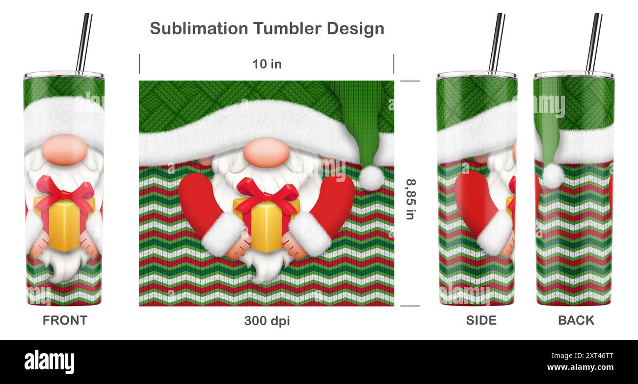 Divertente personaggio dei cartoni animati natalizi GNOME. Dima a sublimazione senza cuciture per bicchiere magro da 20 once. Illustrazione della sublimazione. Foto Stock