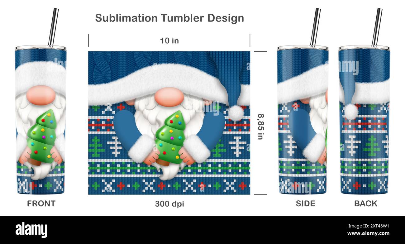 Divertente personaggio dei cartoni animati natalizi GNOME. Dima a sublimazione senza cuciture per bicchiere magro da 20 once. Illustrazione della sublimazione. Foto Stock