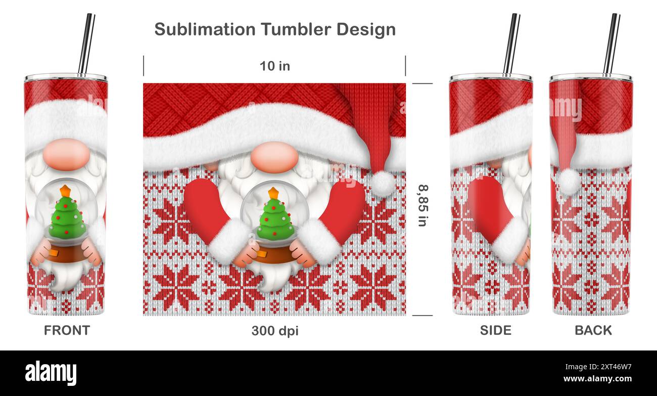 Divertente personaggio dei cartoni animati natalizi GNOME. Dima a sublimazione senza cuciture per bicchiere magro da 20 once. Illustrazione della sublimazione. Foto Stock