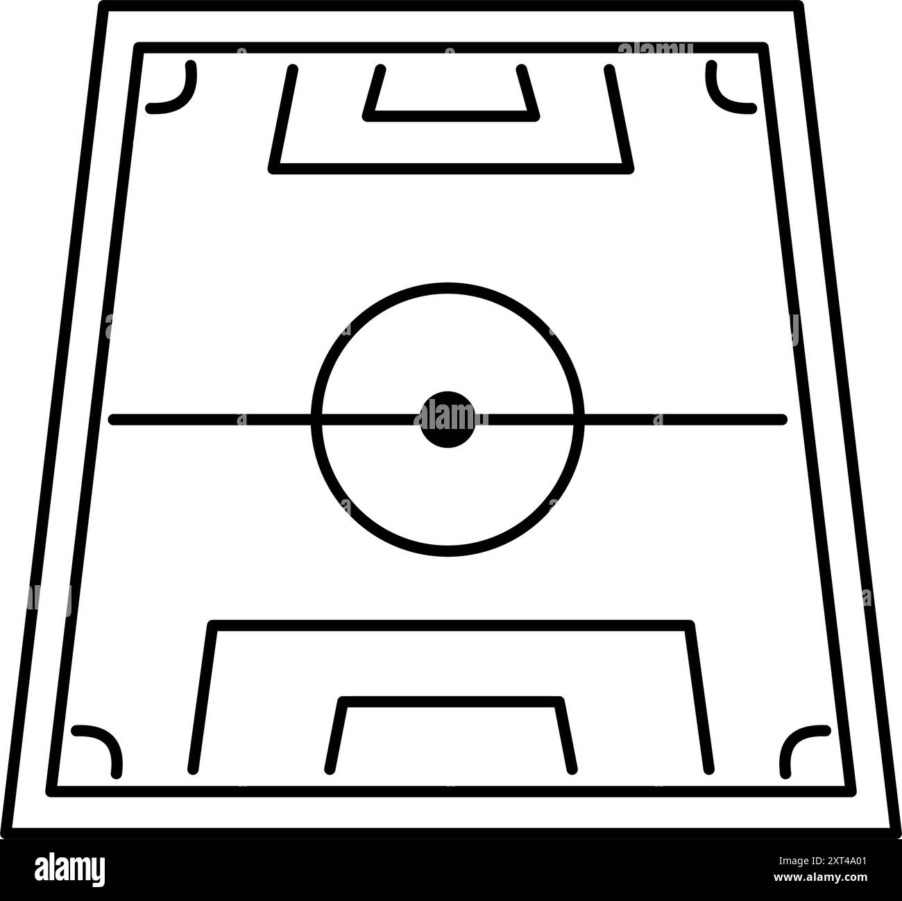 Una semplice icona in bianco e nero che raffigura una vista dall'alto verso il basso di un campo da calcio. Una disposizione dettagliata di un campo da calcio con goal, cerchio centrale, rigore Illustrazione Vettoriale