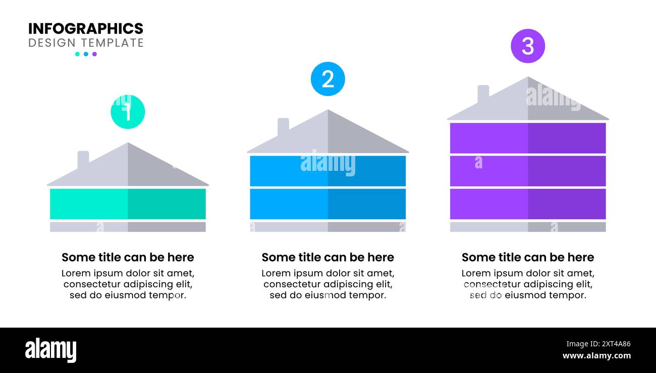 Modello infografico con 3 case. Può essere utilizzato per layout del flusso di lavoro, diagrammi, banner, webdesign. Illustrazione vettoriale Illustrazione Vettoriale