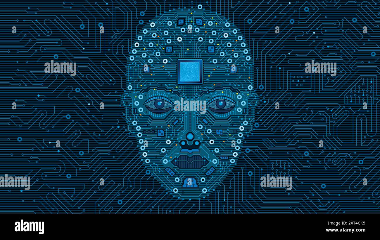Concetto di intelligenza artificiale. Volto umano costituito da circuiti con un microchip sulla fronte e luci blu. Immagine vettoriale Illustrazione Vettoriale