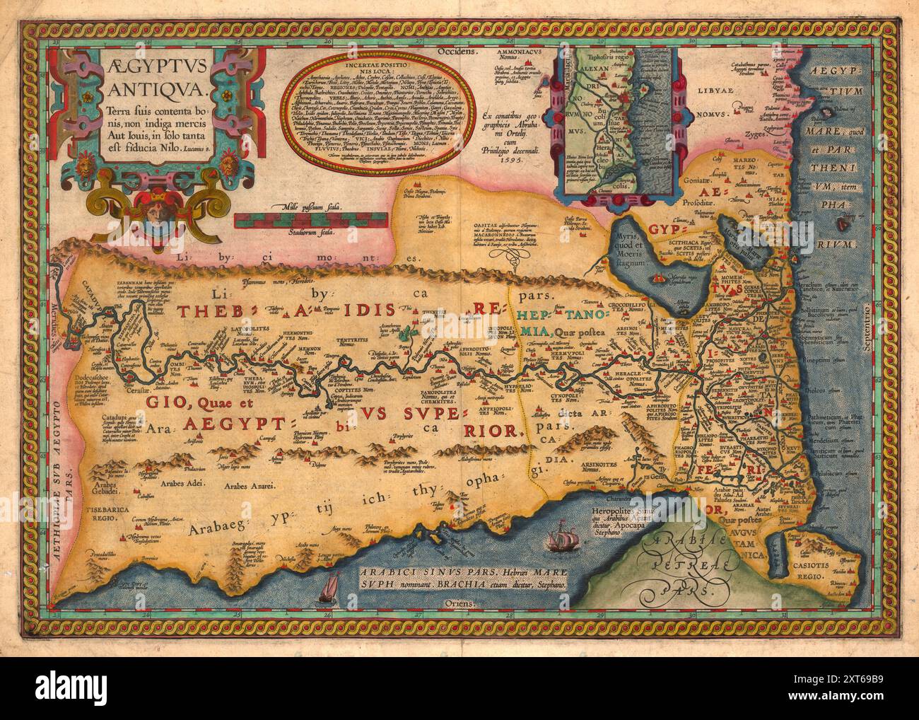 Mappa illustrata d'epoca. Antico Egitto dagli sforzi geografici di Abramo Ortelio. 1595 Foto Stock