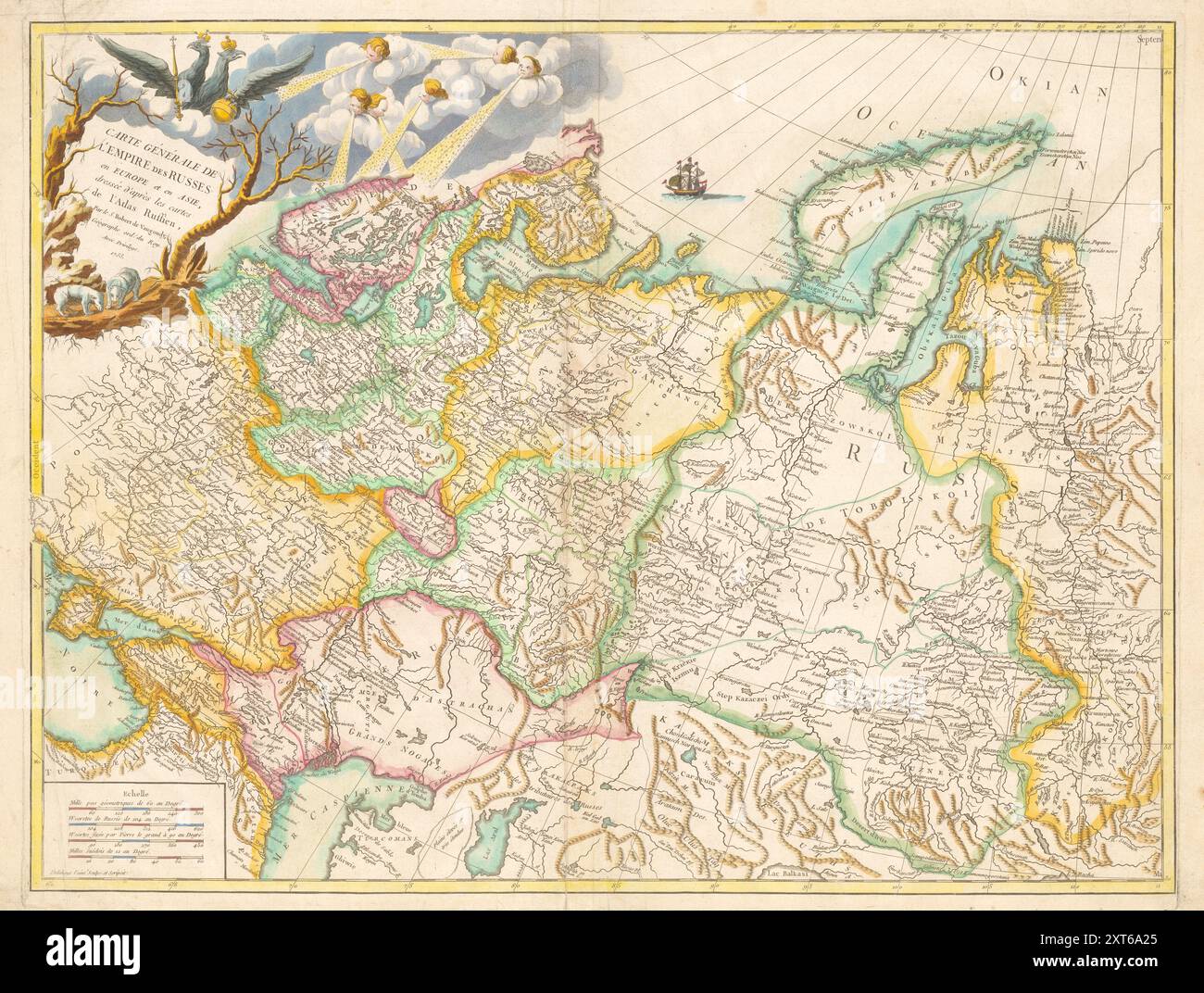 Mappa illustrata d'epoca. Mappa generale dell'Impero russo in Europa e Asia. Redatta secondo le mappe dell'Atlante russo. Di S. Robert de Vaugondy. 1753 Foto Stock