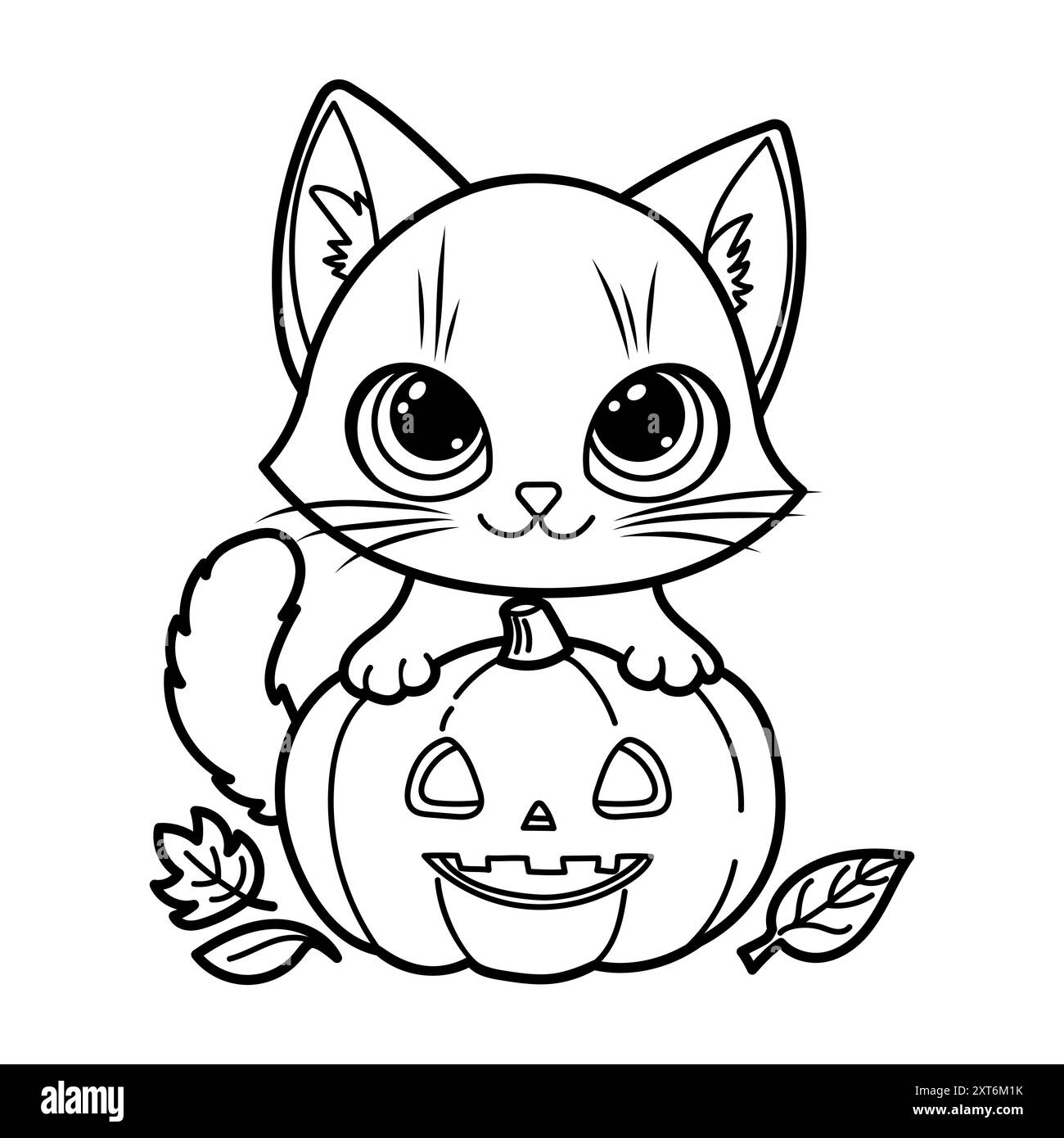 Adorabile illustrazione vettoriale di Halloween di un simpatico gattino seduto su una zucca intagliata, perfetta per colorare le pagine Illustrazione Vettoriale